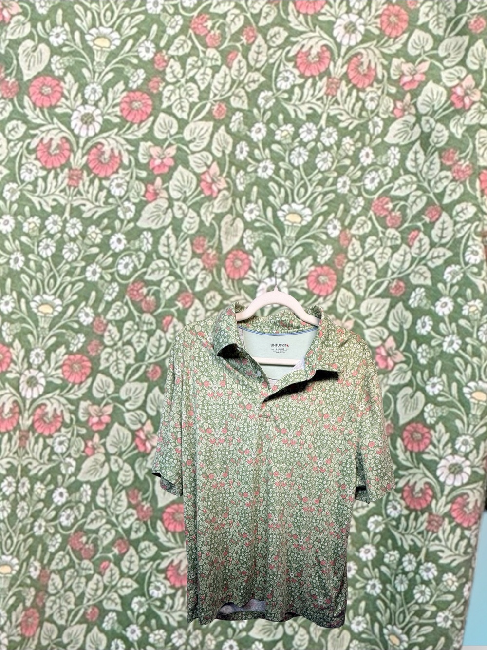 UNTUCKit Mens XL Floral Polo Shirt Green William Morris Inspired Short Sleeve
